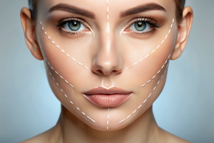 Close-up of a face with threads and arrows illustrating a women undergone facelift procedure for facial contouring