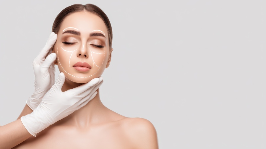 An aesthetic surgeon marks lines on a woman's face, preparing for cosmetic surgery, underscoring precision and transformative beauty.